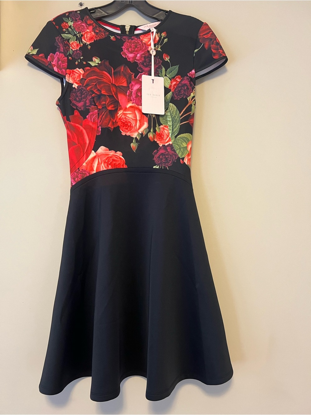 Ted Baker Floral Fit-and-Flare Dress - Black with Red/Purple Floral